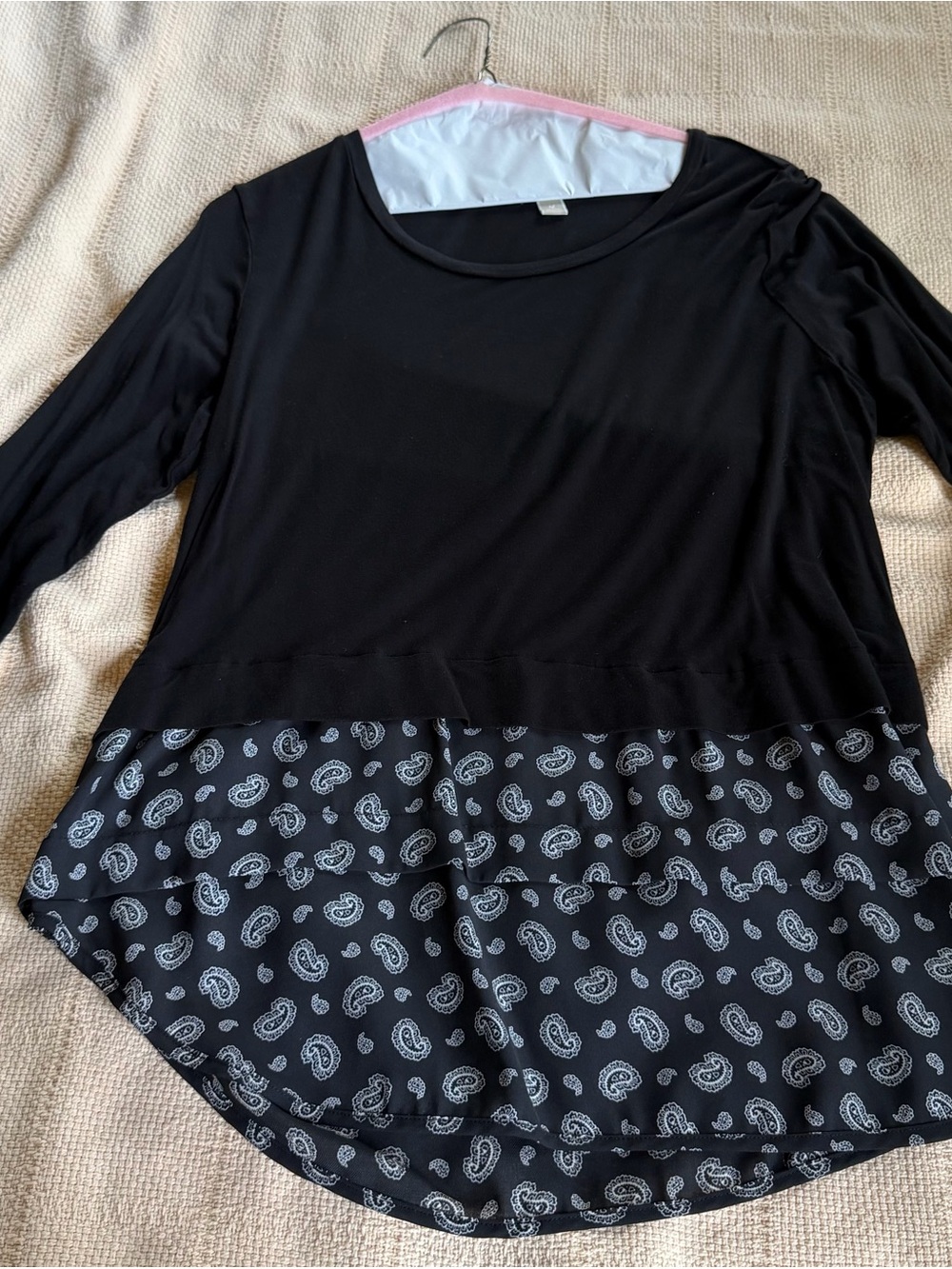 Michael Kors Black Long Sleeve Top with Paisley Hem